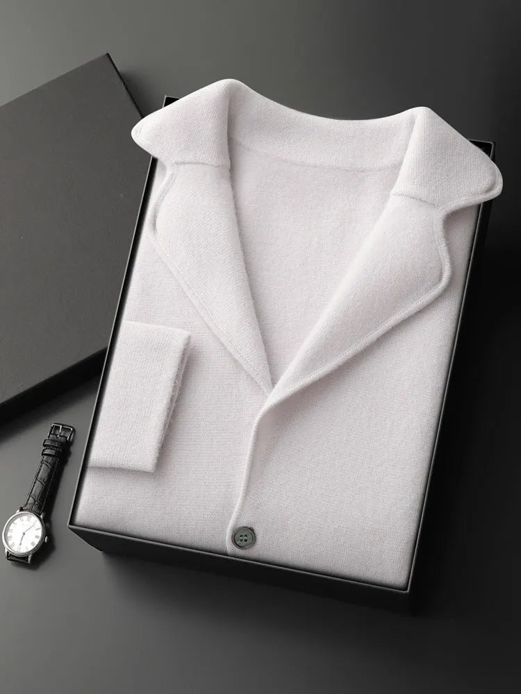 Lapel men's solid colour cashmere cardigan sweater with a loose fit and thickening knit.