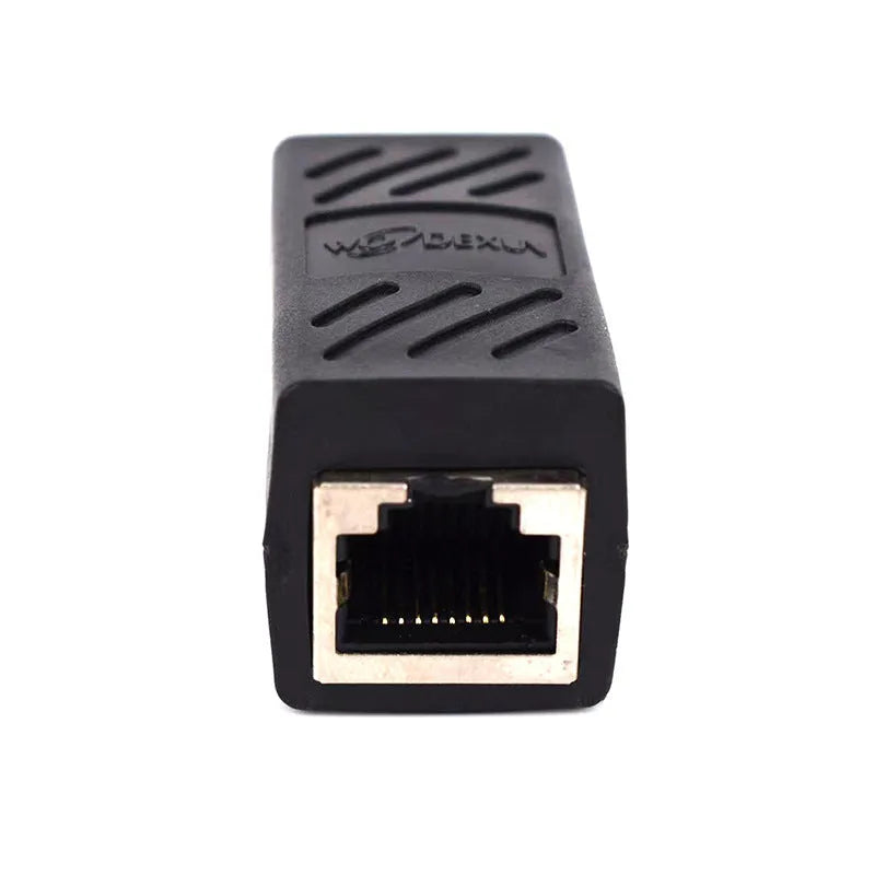 Black RJ45 network cable extender adapter with male and female connectors for joining Ethernet cables