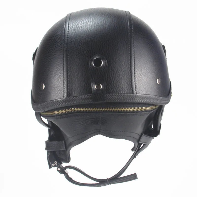 Retro motorcycle helmet with half pedal design in black artificial leather