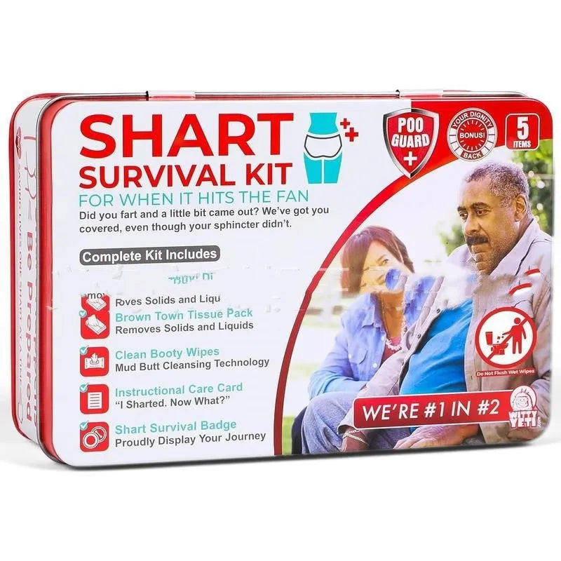 Poop survival kit gift set in aircraft box with wet wipes, dry wipes, and disposable underwear