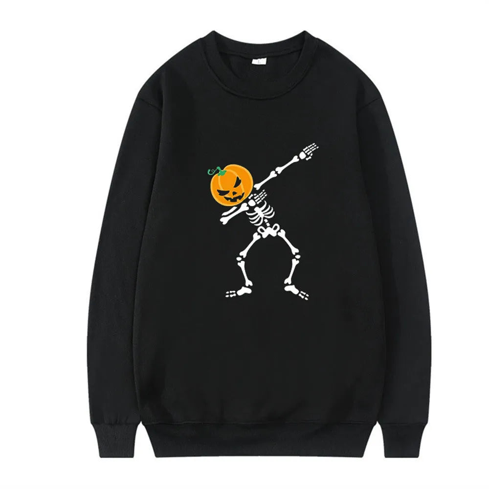 Women's black printed crew neck long sleeve cotton sweatshirt on a hanger.