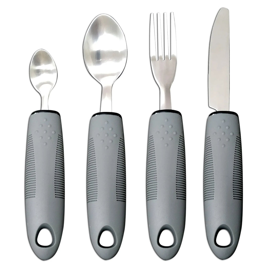 Stainless steel adaptive spoons and cutlery with black rubber handles for assisted eating.