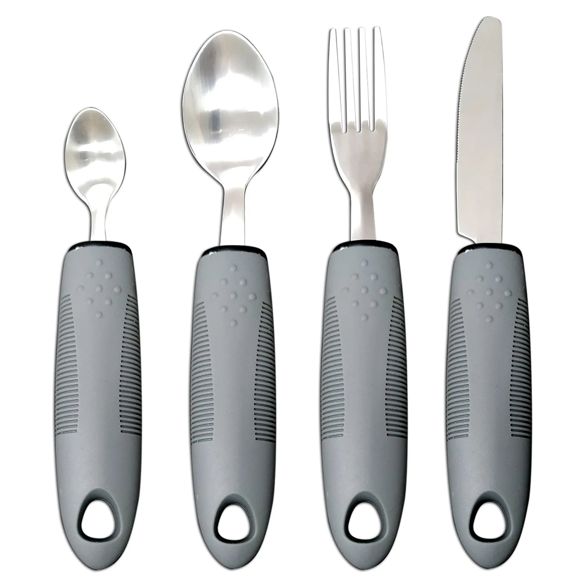 Stainless steel adaptive spoons and cutlery with black rubber handles for assisted eating.