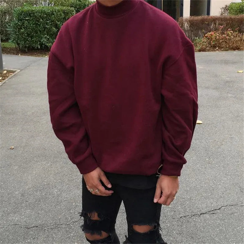 Men's wine red round neck polyester pullover with high collar and long sleeves