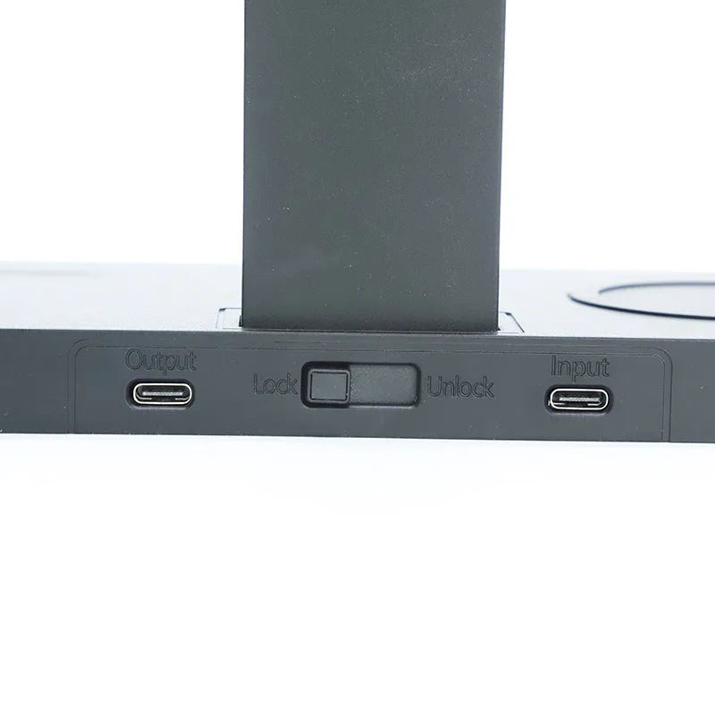 Black multi-function wireless charging station with phone, watch, and headset bracket and LED indicator