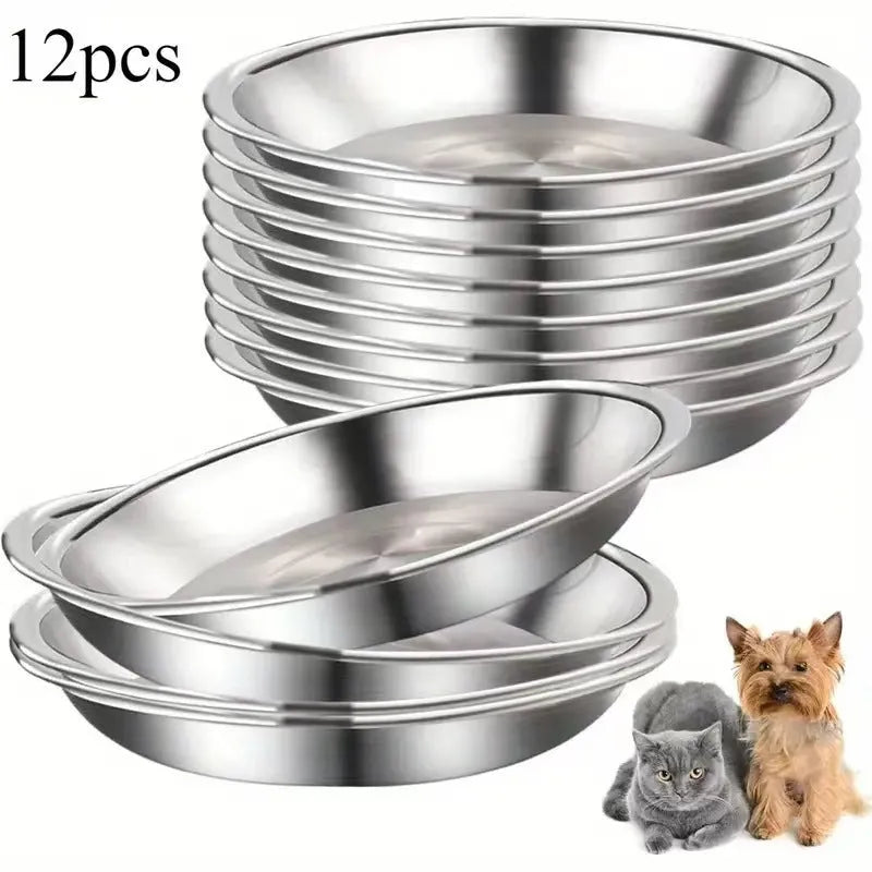 Stainless steel cat feeding bowl thickened pet plate 15cm diameter on light background