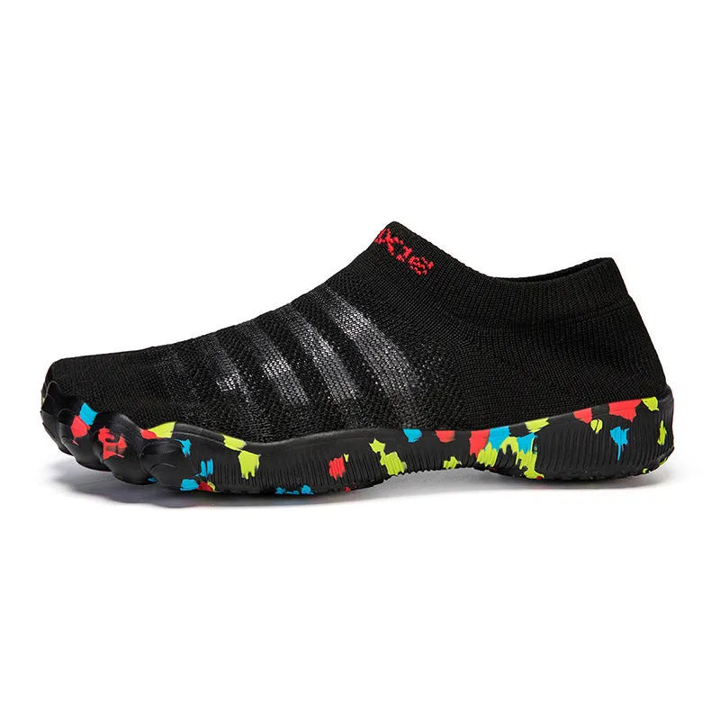 Men's camouflage Flyknit water shoes with a flat rubber sole and lace-up front.