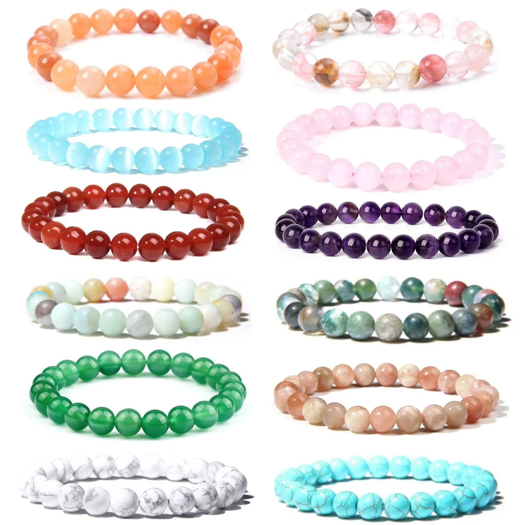 Handmade 8mm natural stone bead bracelet in geometric shape on a wrist, showing agate and gemstone colour options.