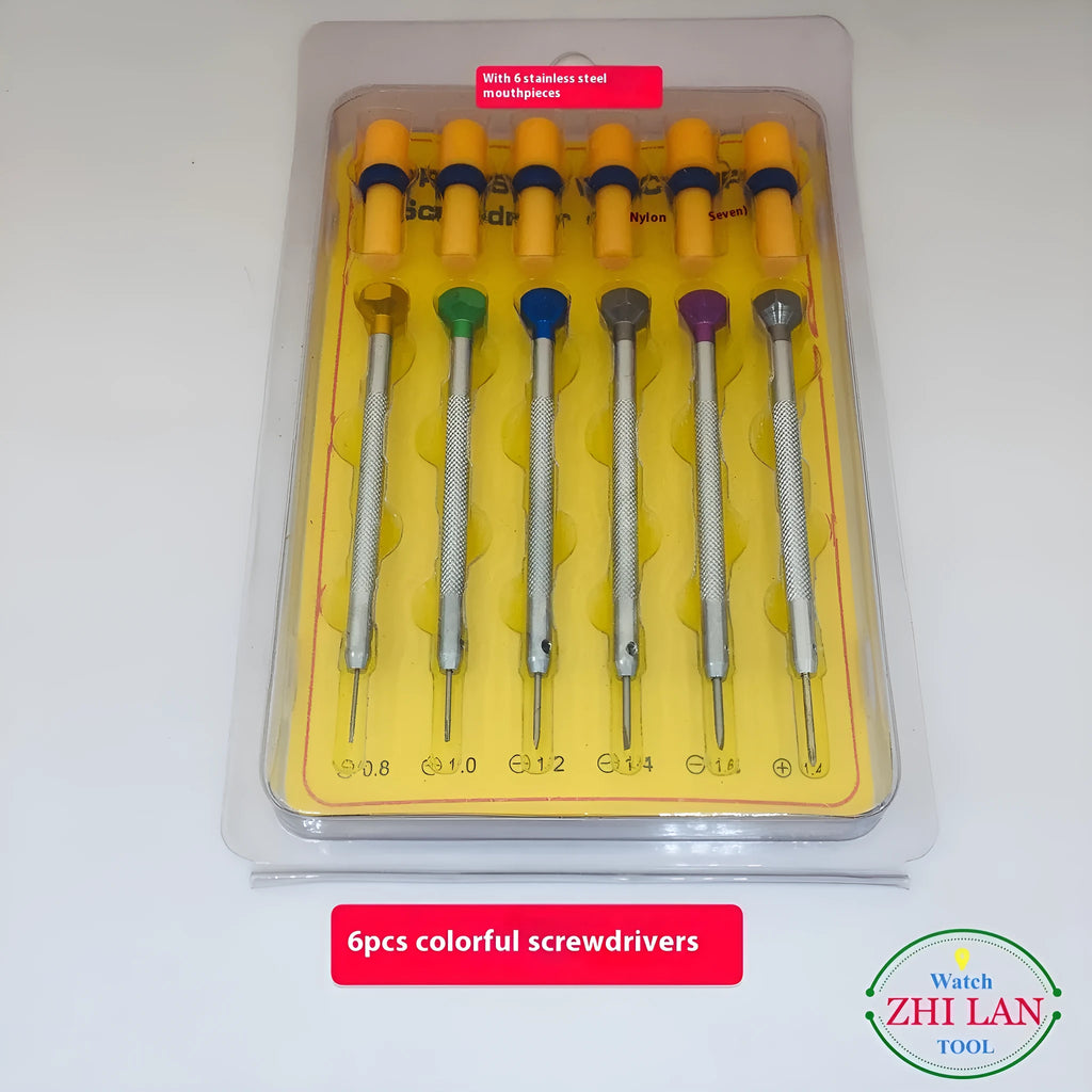 Set of six colour-coded watch repair screwdrivers with aluminium handles and a separate metre tool.