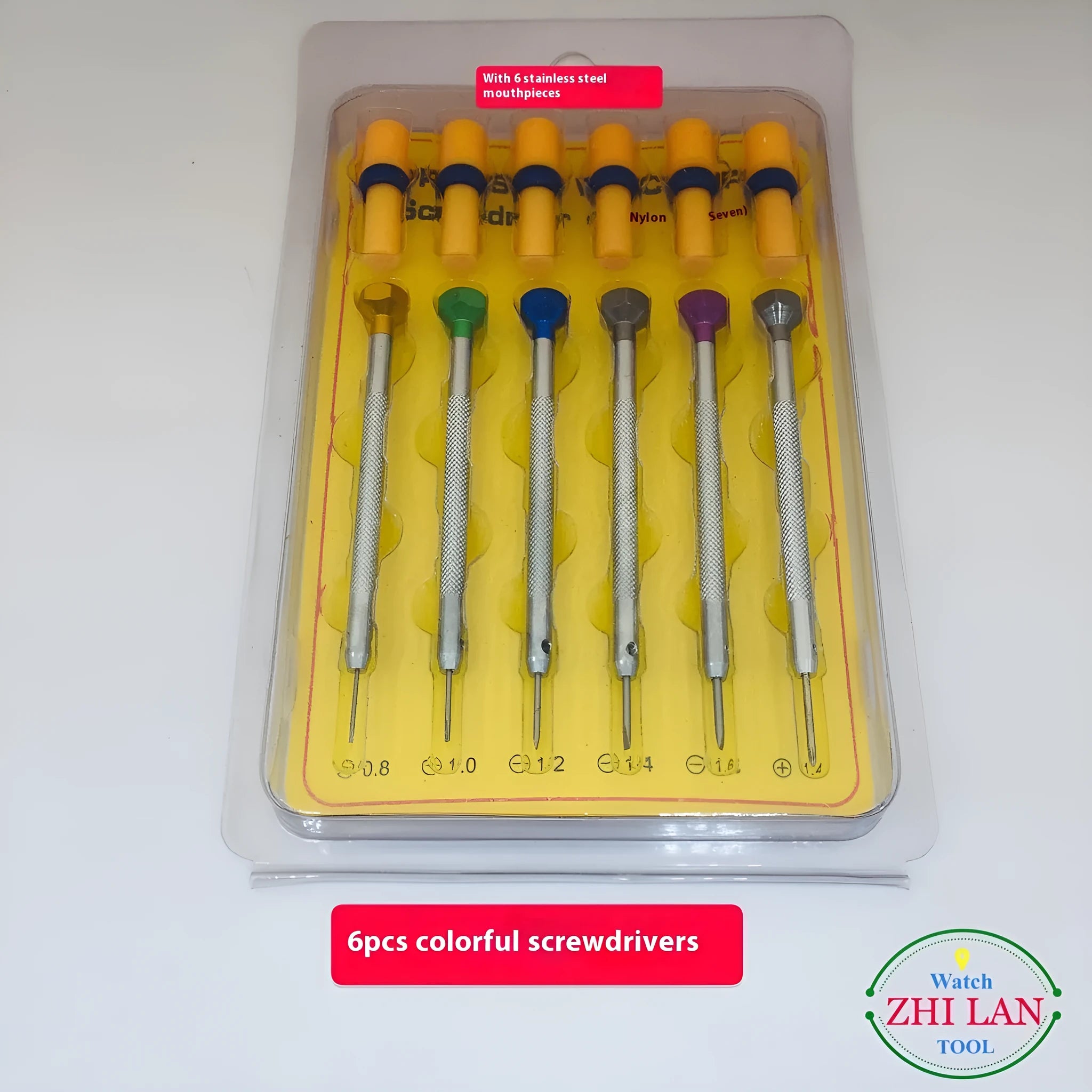 Set of six colour-coded watch repair screwdrivers with aluminium handles and a separate metre tool.