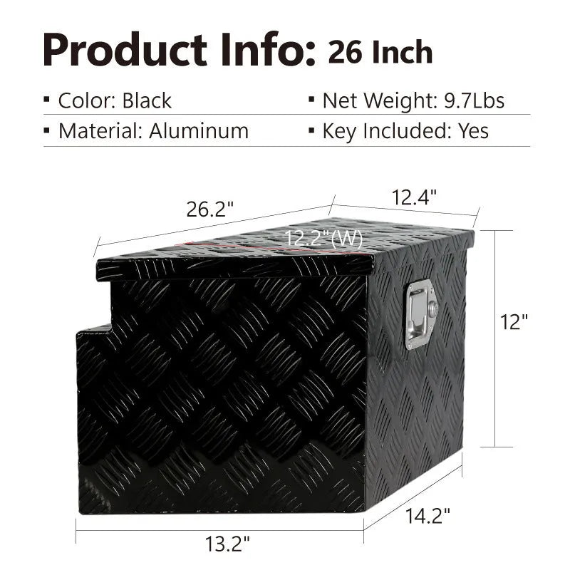 Black aluminium alloy 26-inch tool case with T casting construction for workshop storage