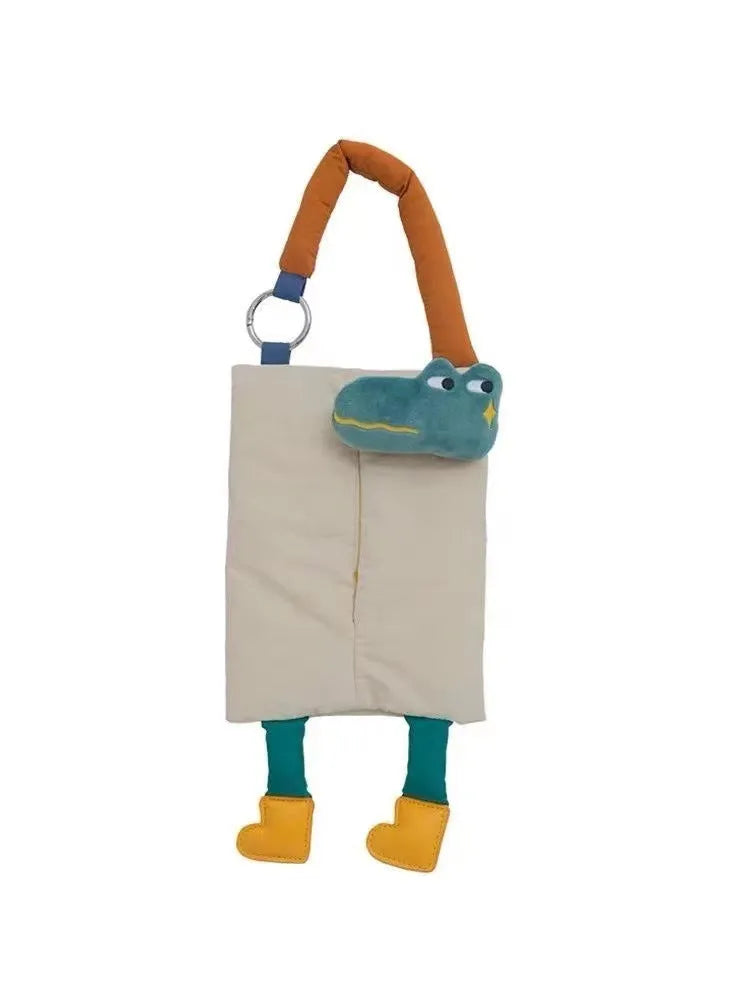 Soft plush hanging car tissue bag in baby crocodile design, showing dimensions of 25cm by 19cm.