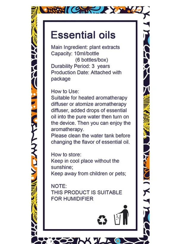 Six 10ml essential oil bottles lavender lemongrass tea tree peppermint rosemary orange for aromatherapy