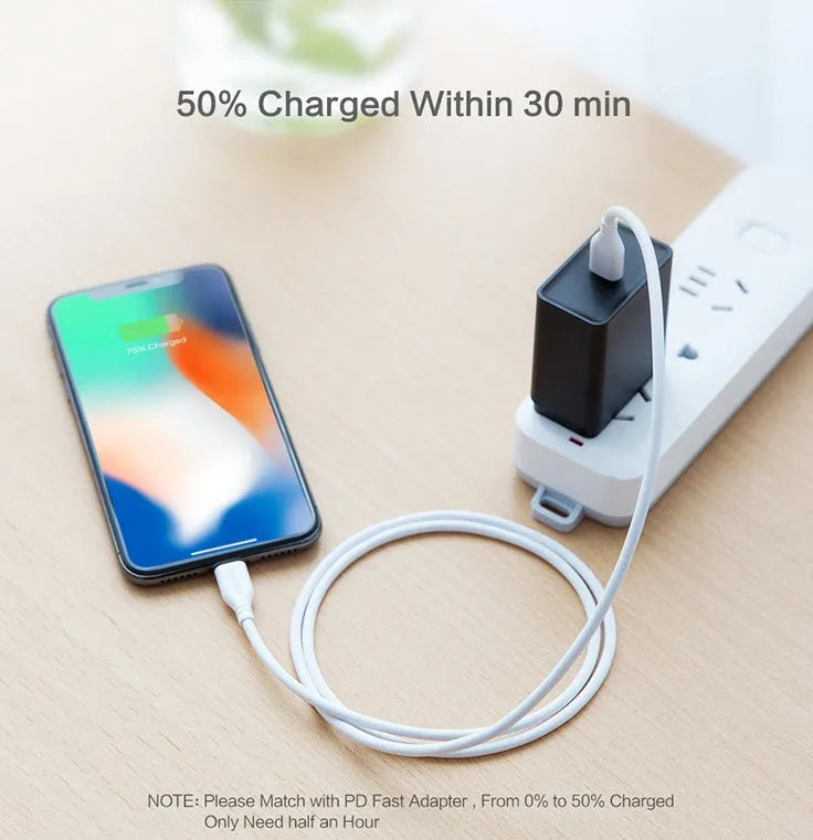 White USB-C to Lightning charging cable with braided exterior measuring 1.2 metres
