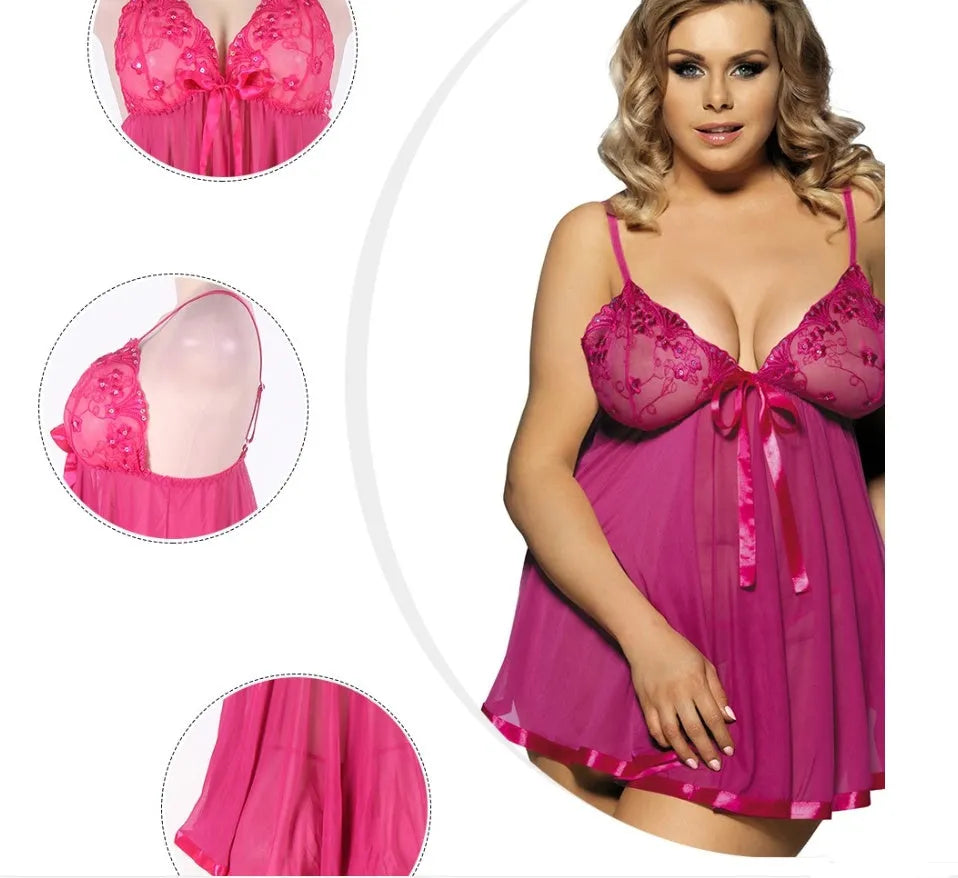 Women's plus size lace and mesh sleepdress lingerie in size 6XL on a hanger.