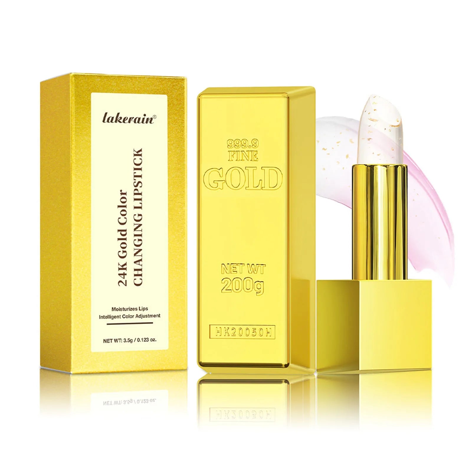 Gold foil colour-changing lipstick with moisturising formula, 3.5g net content, shiny finish