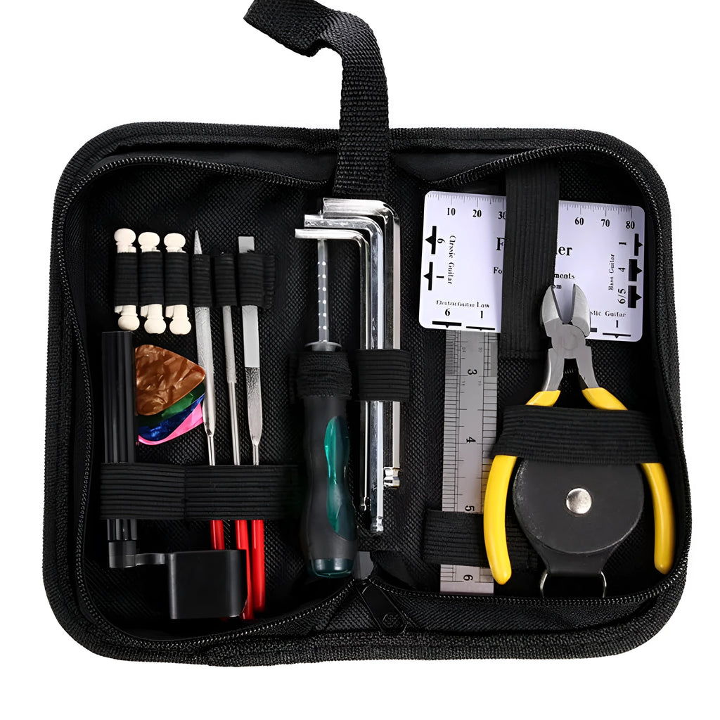 Open black guitar repair kit showing 12 metal tools including truss rod wrenches and a string winder in a zippered case.