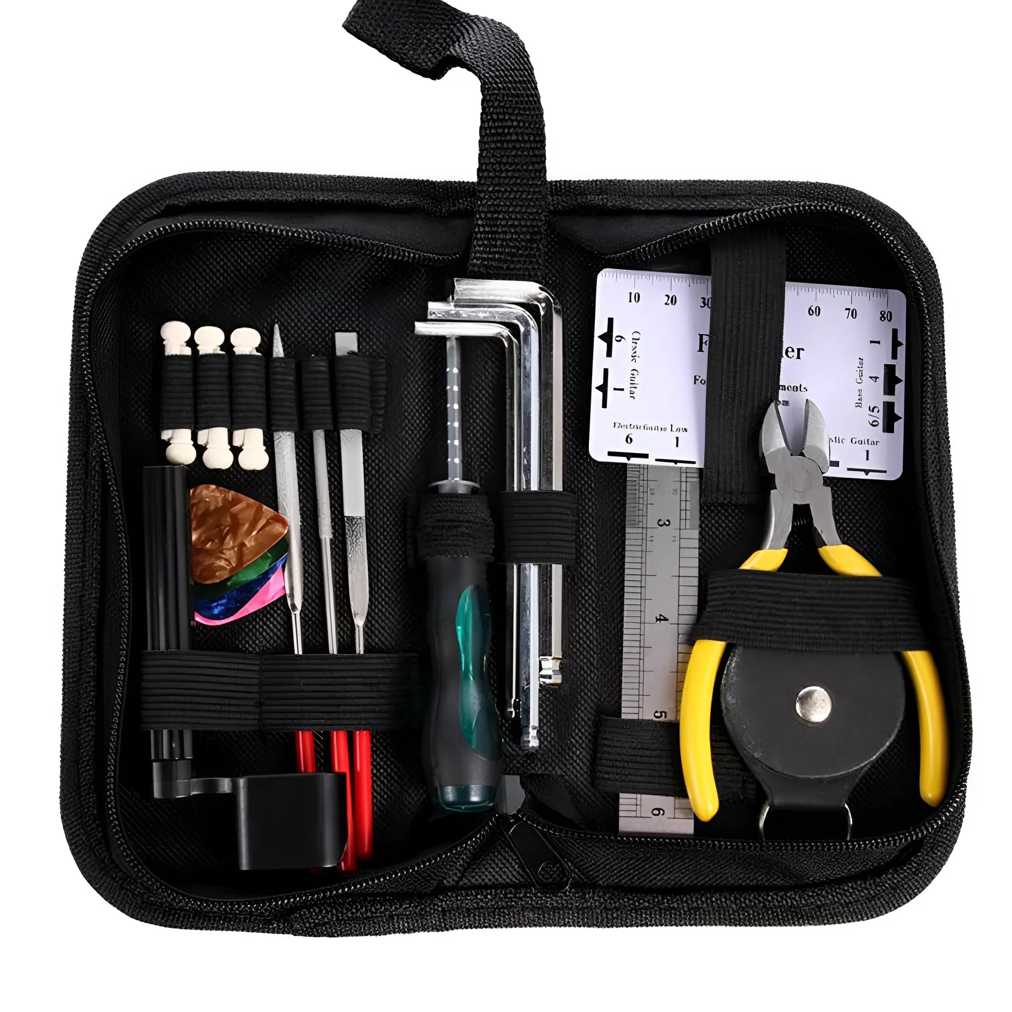 Open black guitar repair kit showing 12 metal tools including truss rod wrenches and a string winder in a zippered case.