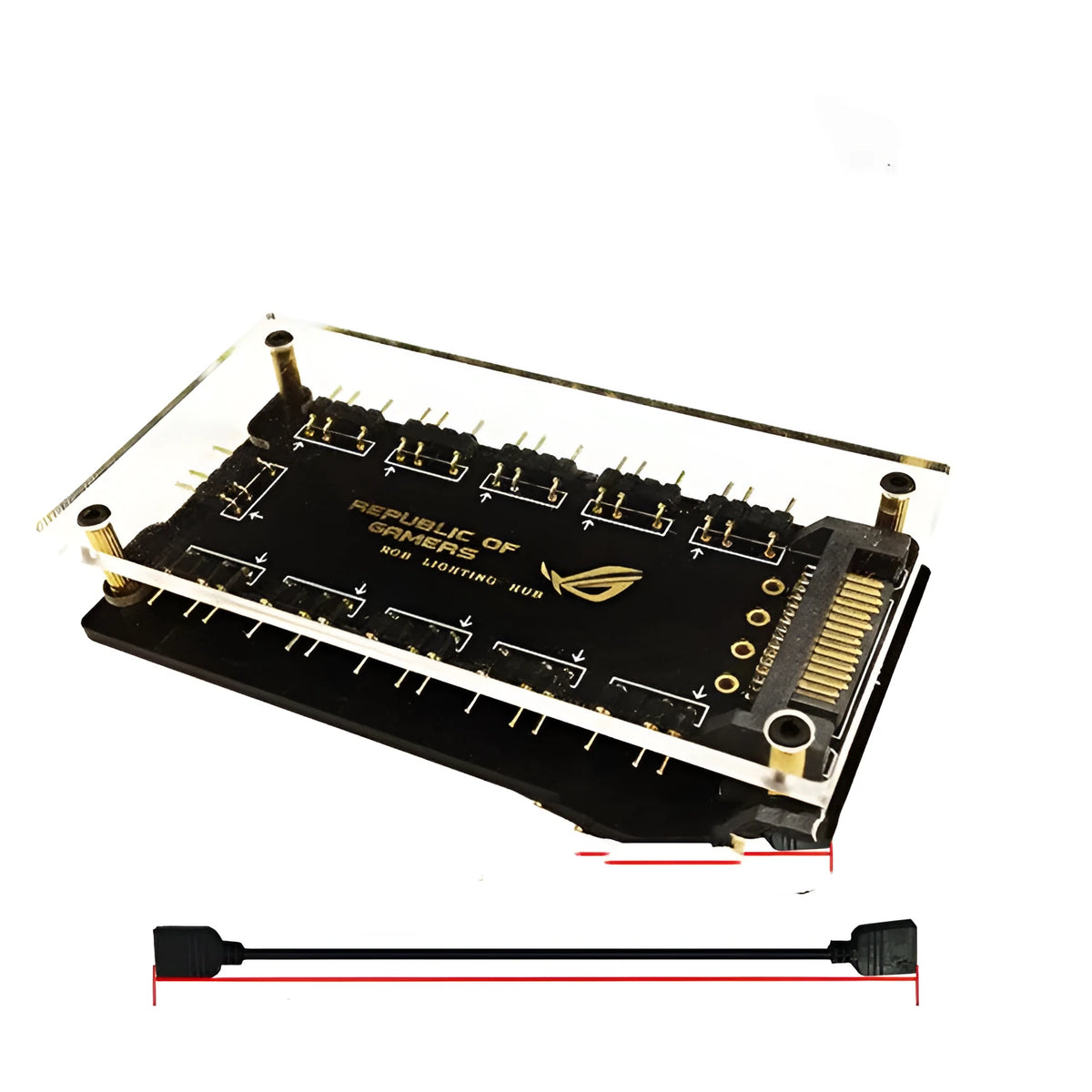 Black AURA RGB One Point Ten hub with multiple 3-pin ports and a SATA power cable for expanding PC case lighting.