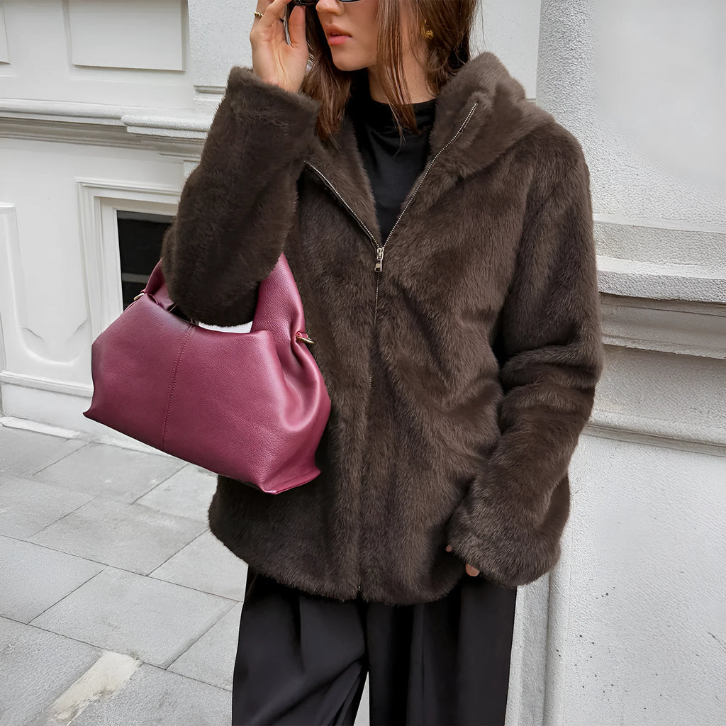 Women's brown polyester fur collar coat with long sleeves, front view
