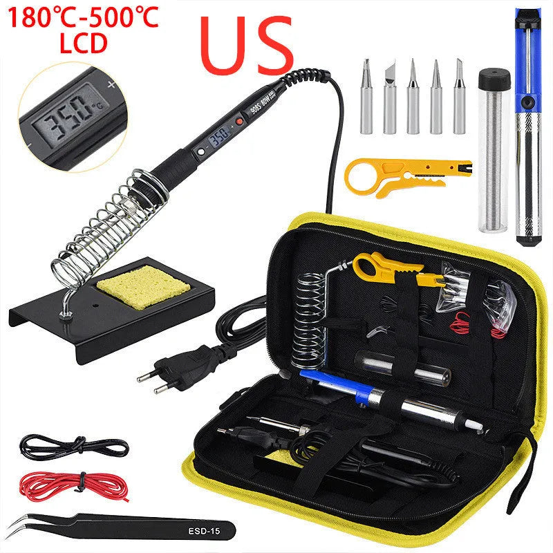 80W LCD adjustable temperature soldering iron kit with desoldering pump, five tips, stand, sponge, tweezers, wire stripper, and fabric case in black