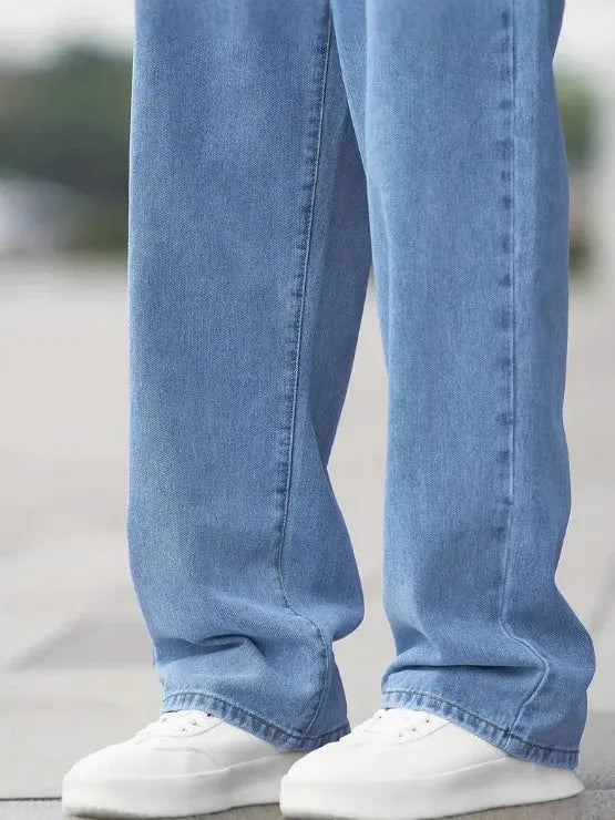 Men's sky blue denim loose straight casual trousers with zipper fly