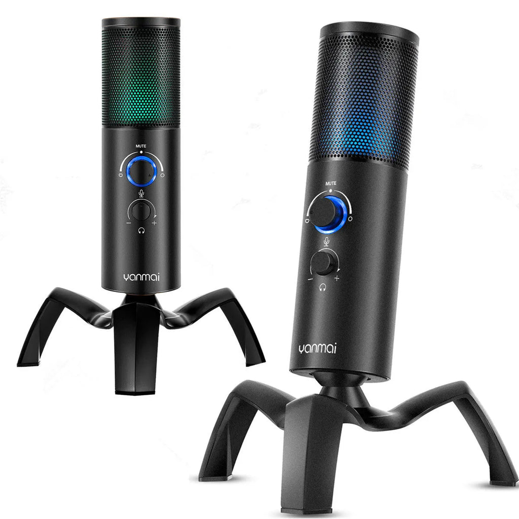 Black Q18 USB condenser microphone with RGB light on adjustable tripod stand.