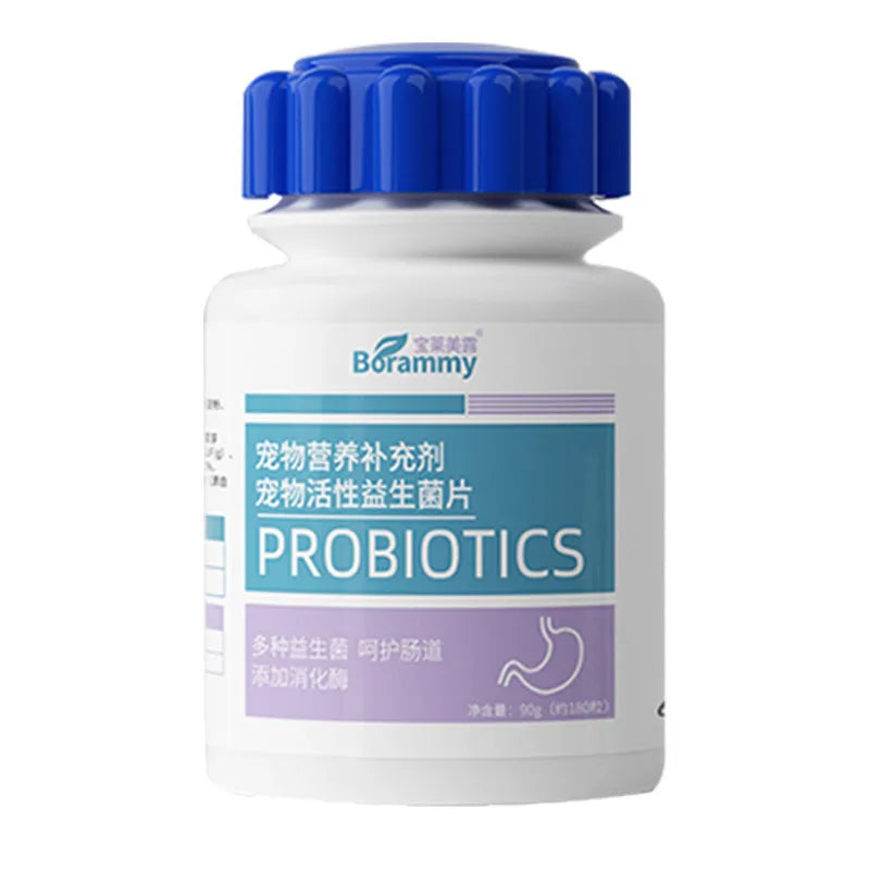 A bottle containing 180 pet probiotic tablets for dog and cat digestive health.