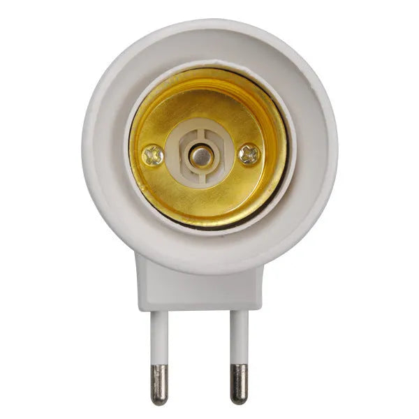 White UK wall plug-in E27 screw lamp holder with a built-in on/off switch.