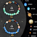 Set of two natural stone beaded bracelets with colourful zodiac sign charms on a stretch band.