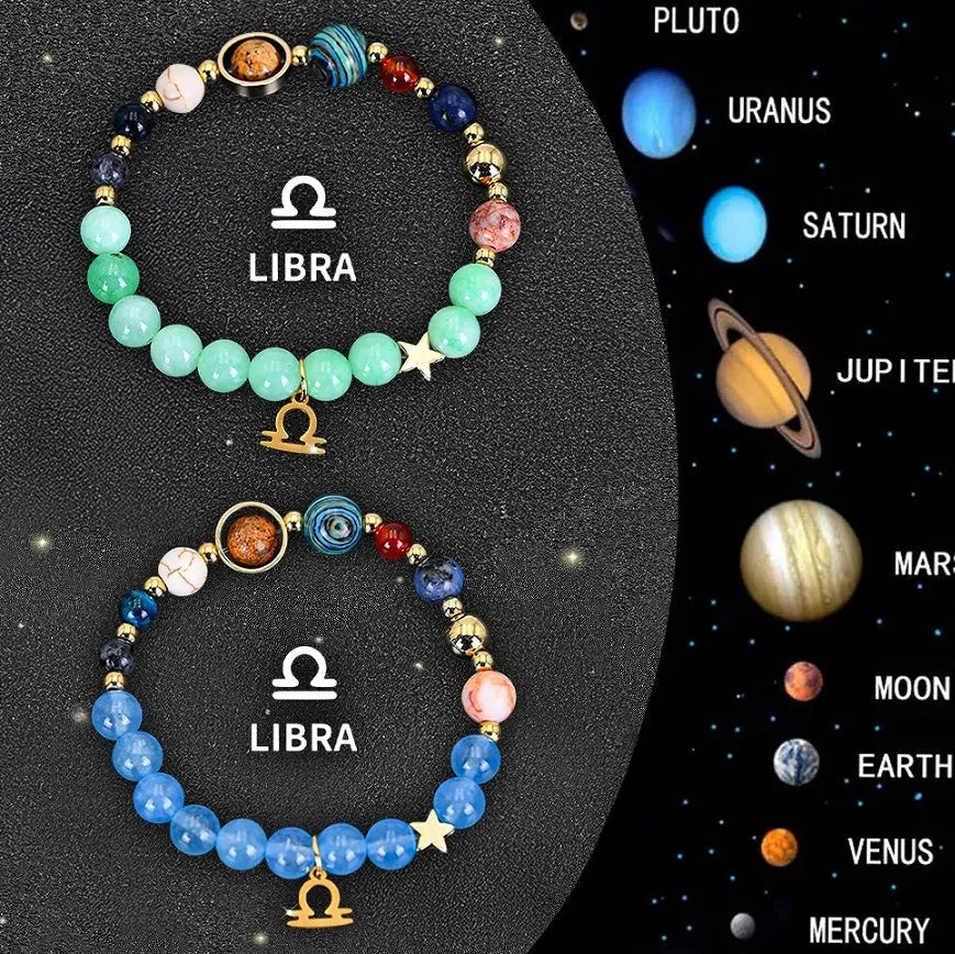 Set of two natural stone beaded bracelets with colourful zodiac sign charms on a stretch band.