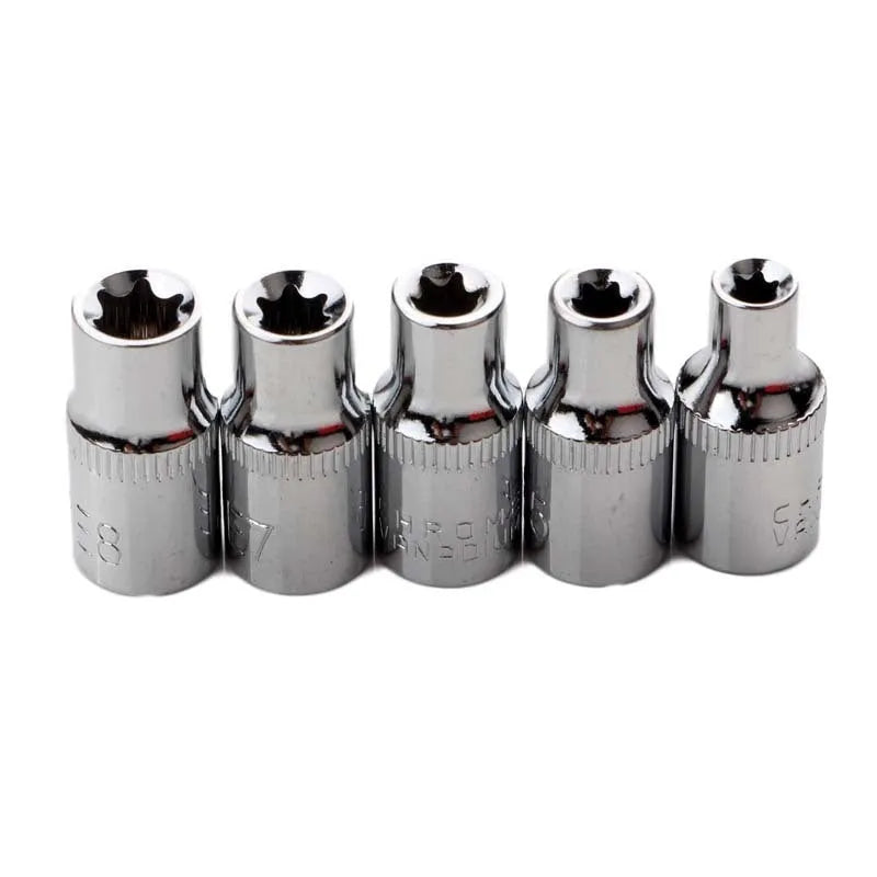 Red toolbox open showing 14 chrome vanadium steel E-type sockets for auto and mechanical repair