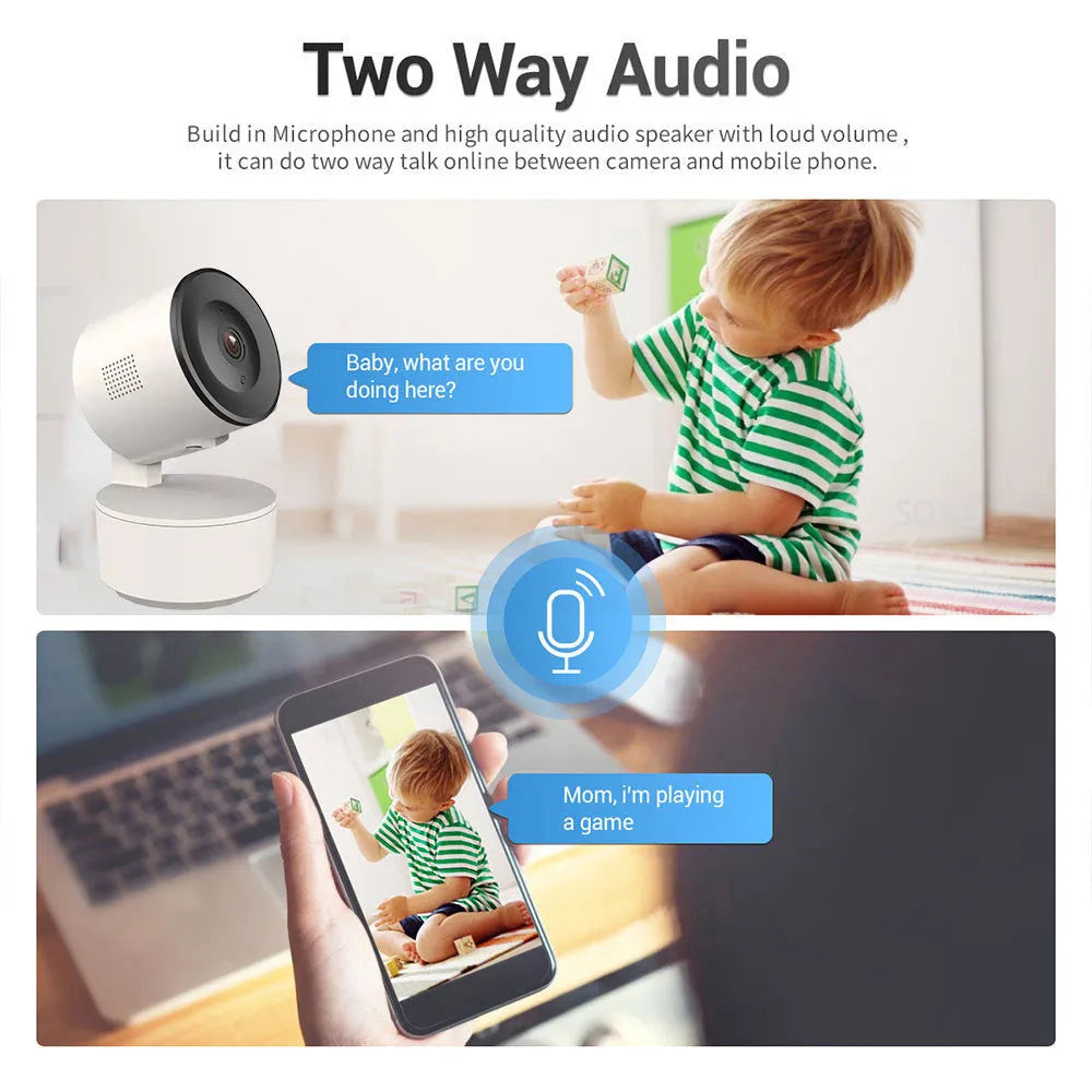 Smart Wi-Fi indoor security camera with 1080p HD video and 355-degree pan rotation