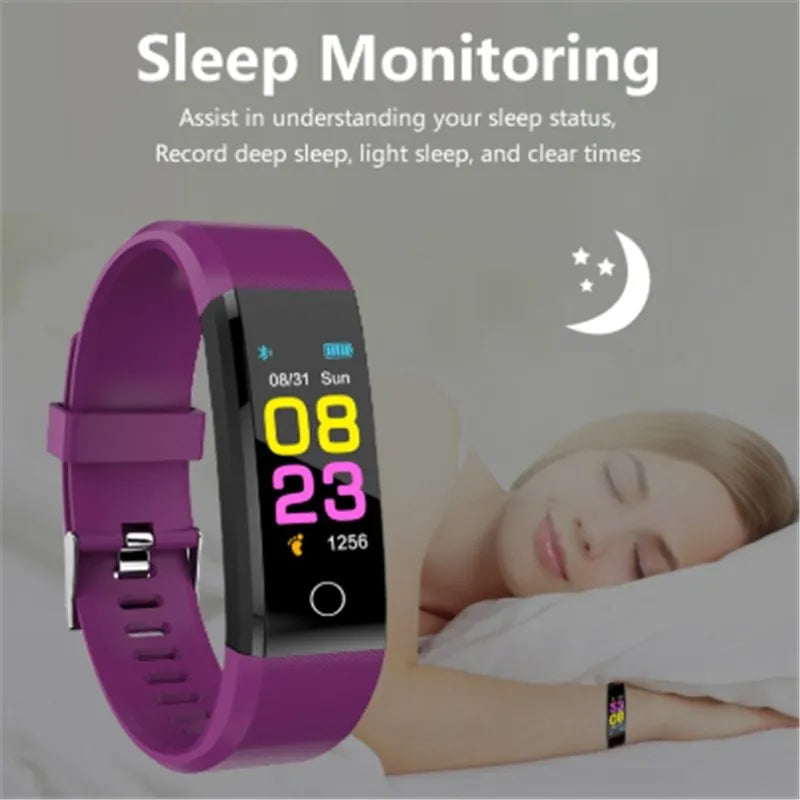 115plus smart wristband with 0.96in colour screen, TPU strap, heart rate monitor, available in black, blue, green, purple, red