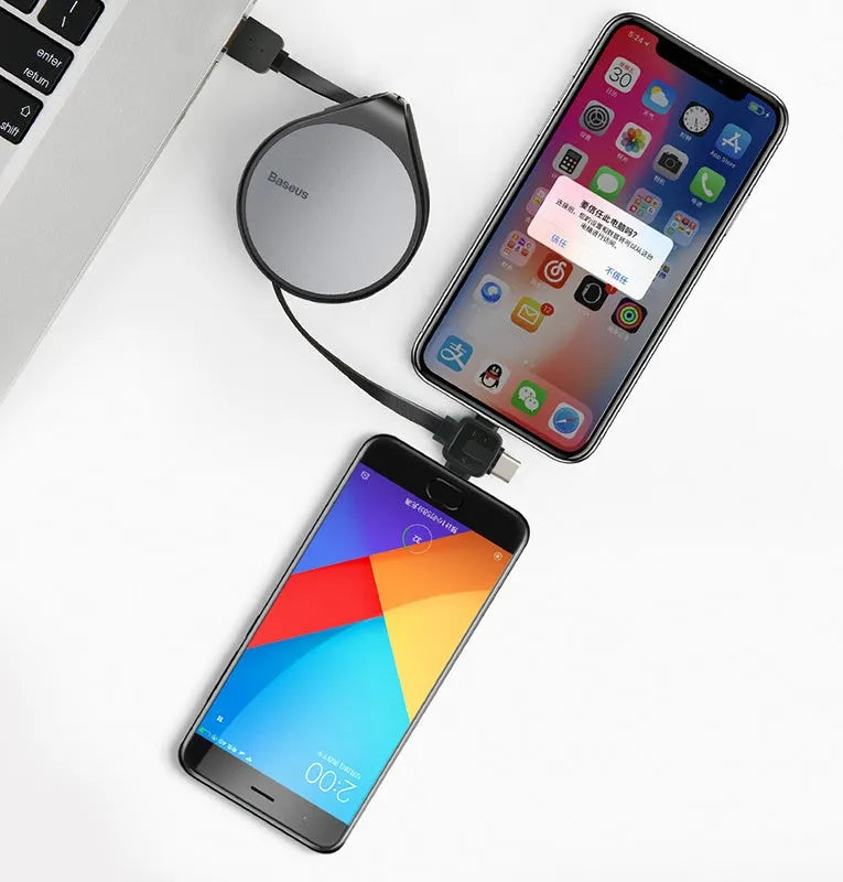 Black telescopic 3-in-1 fast charging cable extended to 1m with Micro USB, USB-C, and Lightning connectors