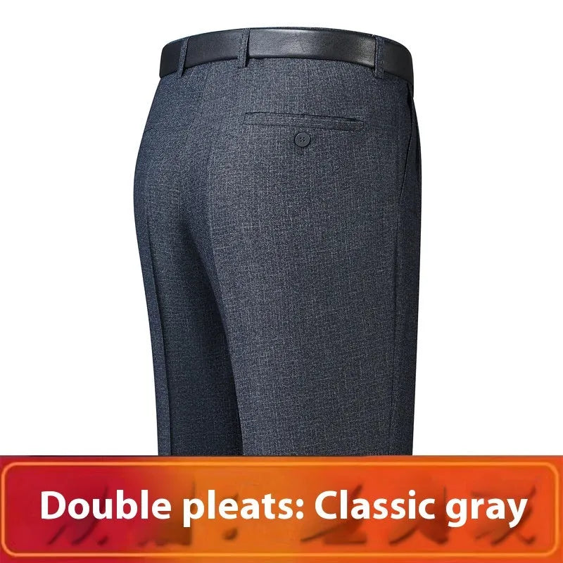 Men's loose deep crotch straight wool trousers with double pleated front, sizes 30-56, in dark blue, black, or grey.