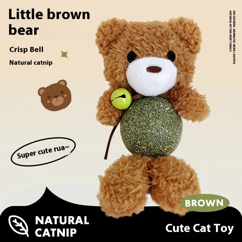 Plush catnip ball toy shaped like a small animal, showing dimensions and a mint-scented ball.