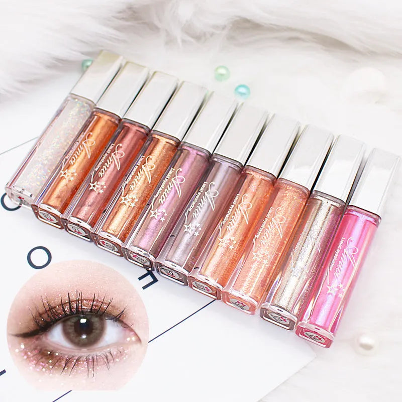 Pearly glitter liquid eye shadow with shimmer finish, shown in one of ten colour options, 3-year shelf life