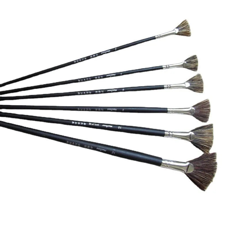 Matisse wild boar mane fan brush set of 6 with black birch handles and nickel plated copper ferrules on white background