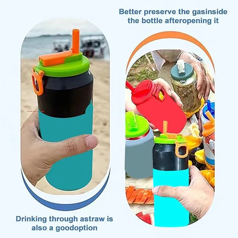 Reusable plastic soda can lid with straw for standard Coke cans, round injection moulded can stopper.