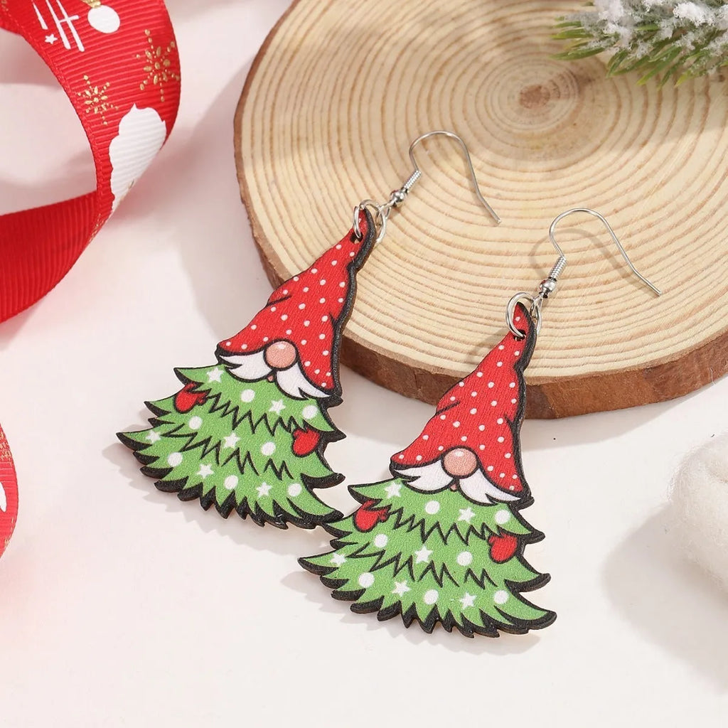 Wooden Christmas earrings with printed tree and snowman geometric designs