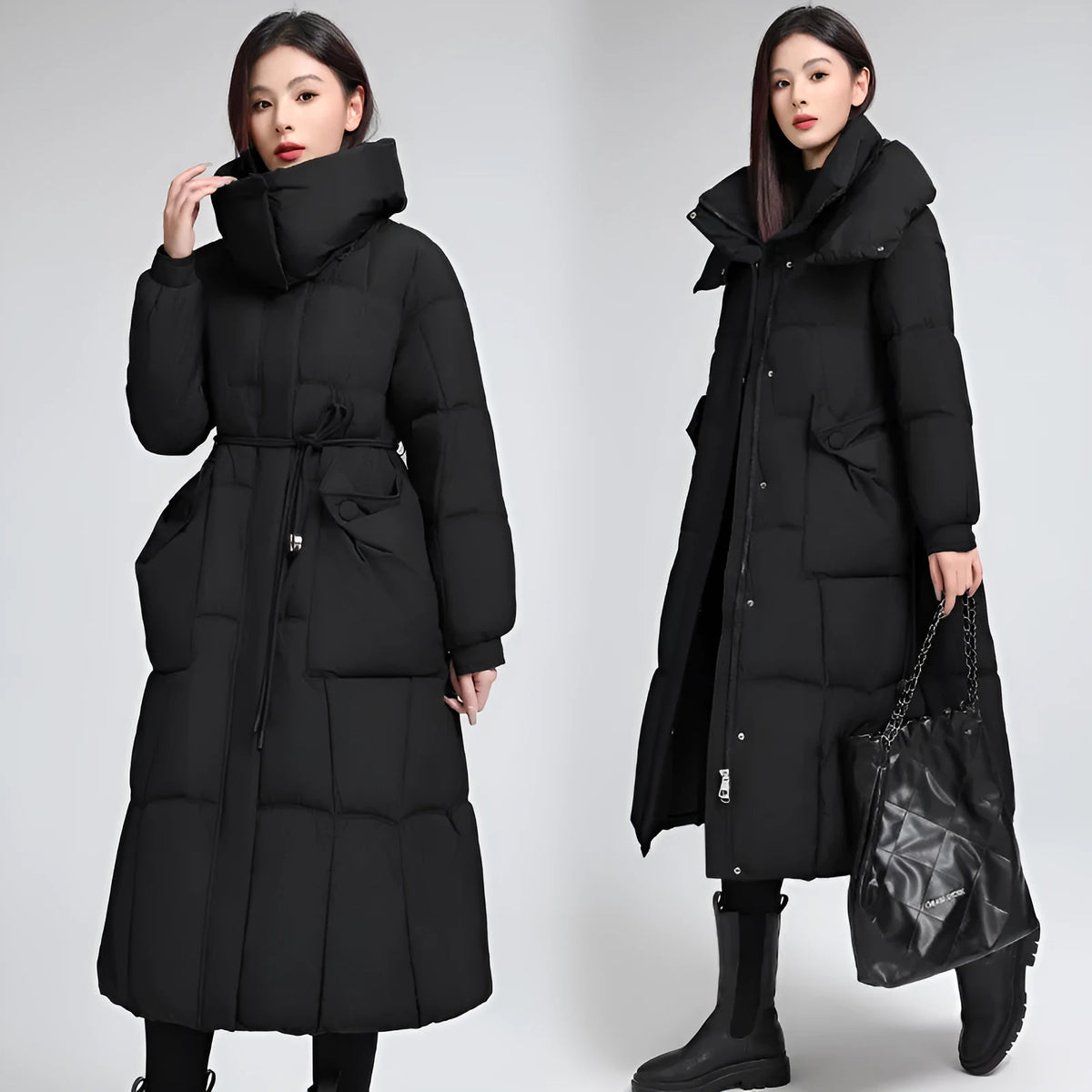 Women's knee-length padded jacket waist-cinching thicken coat in black with pockets