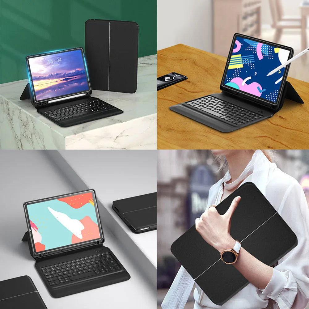 Black ultra-thin wireless Bluetooth keyboard case for iPad Air and iPad Pro in open position