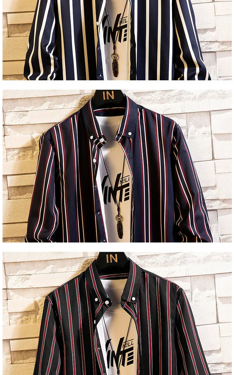 Men's casual striped polyester cardigan in slim fit with long sleeves and pointed collar, available in multiple colours and sizes M to 5XL