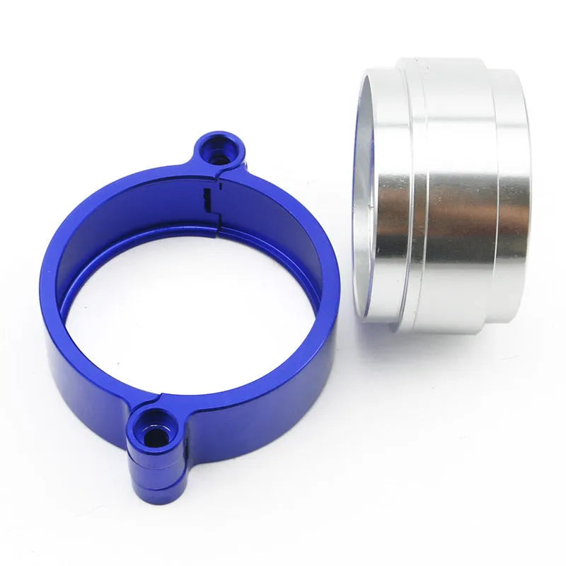 Aluminium fixed movement clamp for car exhaust modification in black, blue, or red.
