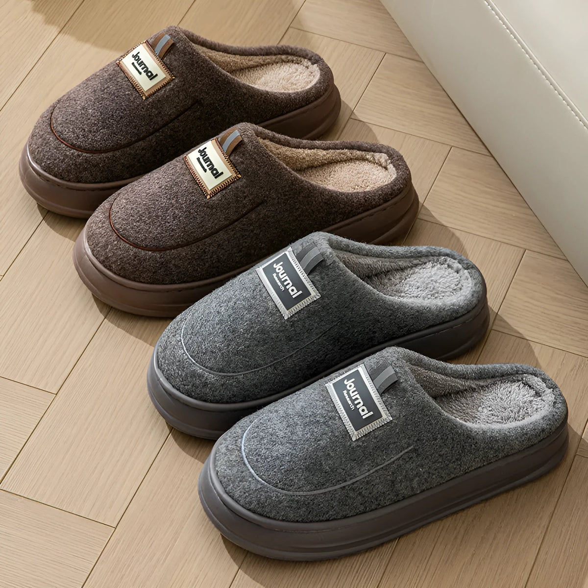 Men's warm thickened cotton slippers in grey and brown, suede upper, EVA sole, sizes 40-51
