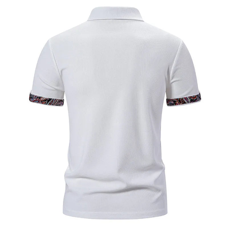 Men's black polo shirt with colour stitching detail on the turnover collar and short sleeves.