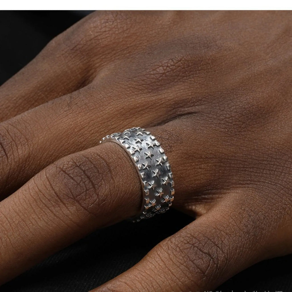 925 sterling silver adjustable ring with geometric five-pointed star pattern for men and women
