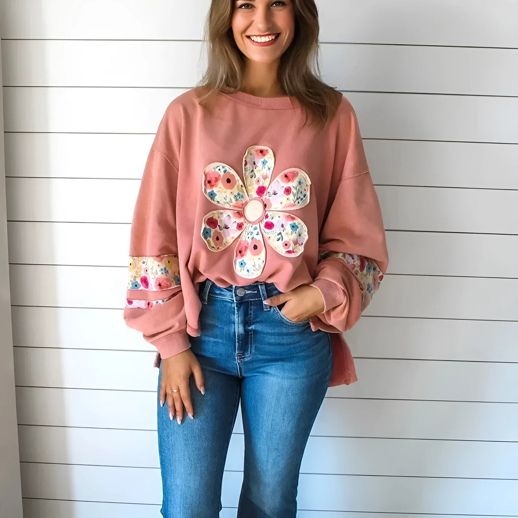 Peach Blossom pink floral applique baggy pullover sweatshirt for women loose fit long sleeves