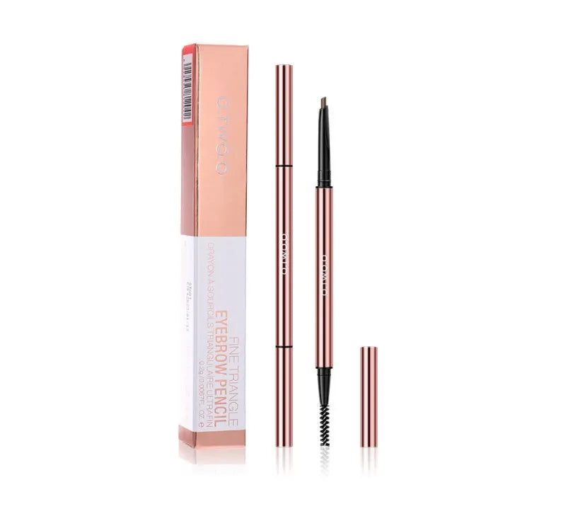 A 15.5 cm long eyebrow pencil in a colour box, available in six shades such as AUBURN and DARK BROWN.